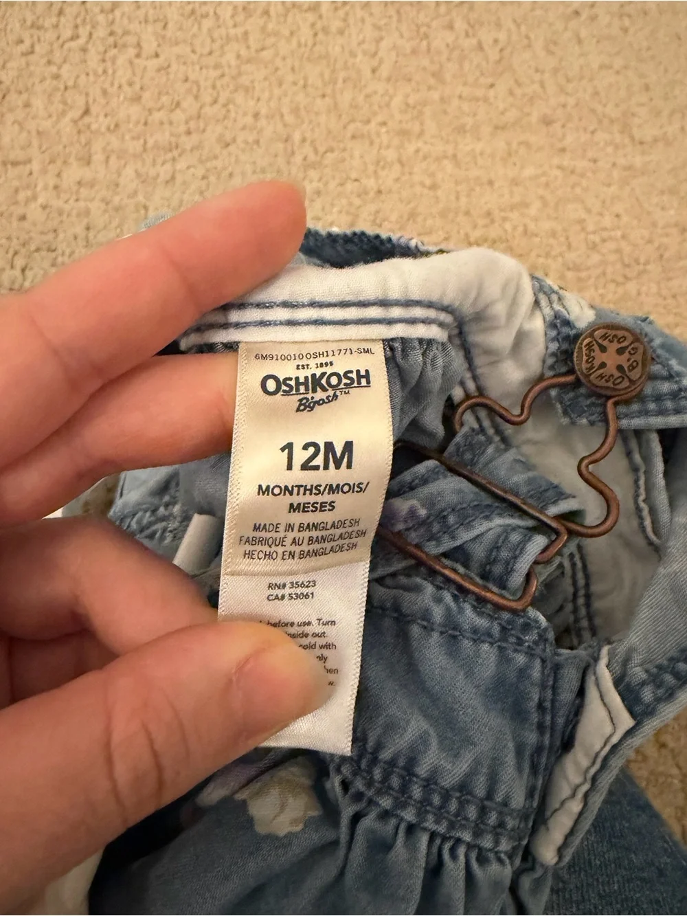 Oshkosh B’gosh Denim Overall Dress Size 12 Months Floral Print